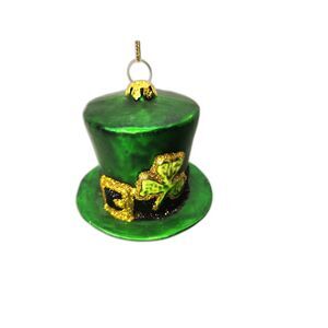 Blown Green Glass Leprechaun Hat Ornament Shamrock Glitter Christmas Hanging
